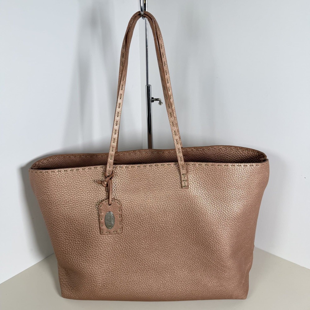 Fendi Metallic Pink Selleria Cuoio Romano Leather Shopping Roll Tote Bag